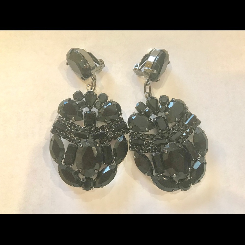 Large black glass ear rings. Clip on. - Picture 3 of 7